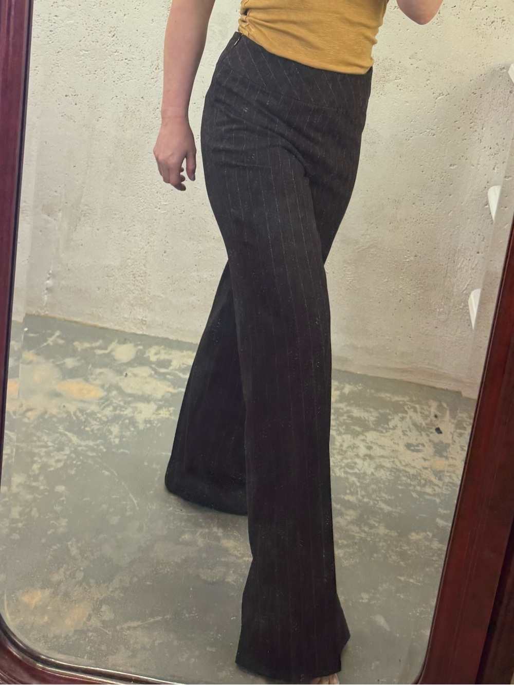 AKRIS Pinstripe Women's Wide Leg Dress Pants Size US 12 100% Wool Deep Brown